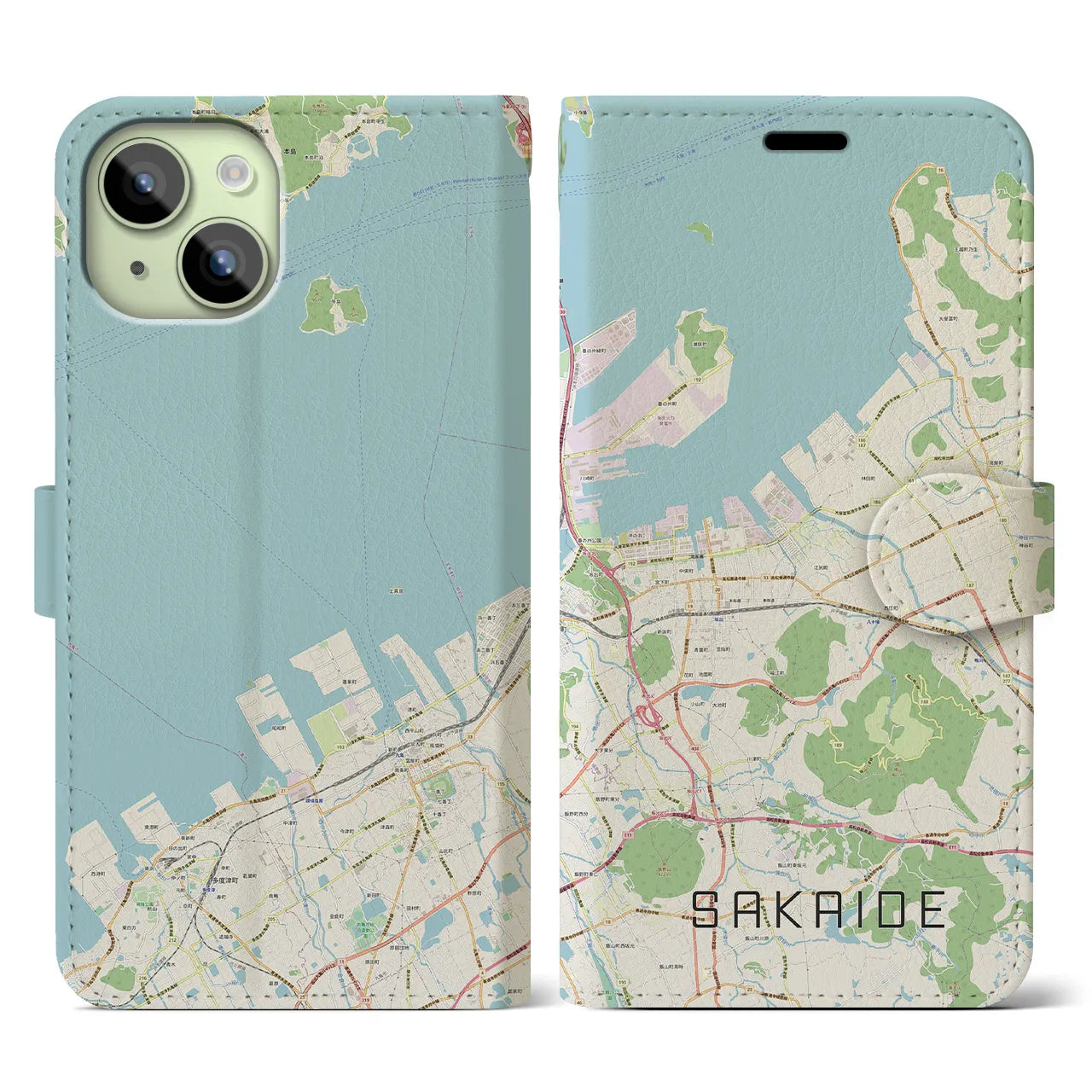 【坂出(香川県)】地図柄iPhoneケース(手帳タイプ)ナチュラル・iPhone 15 用