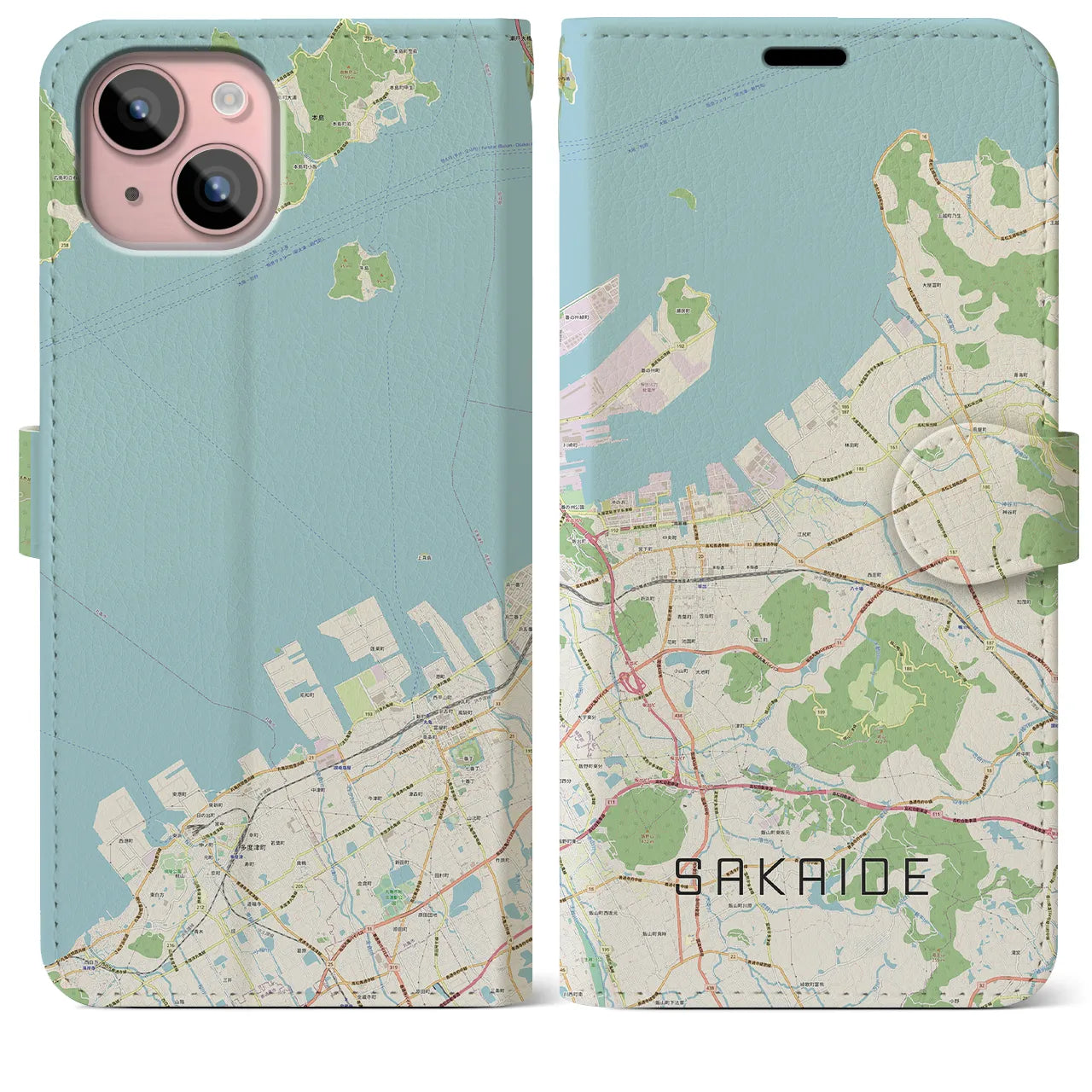 【坂出(香川県)】地図柄iPhoneケース(手帳タイプ)ナチュラル・iPhone 15 Plus 用