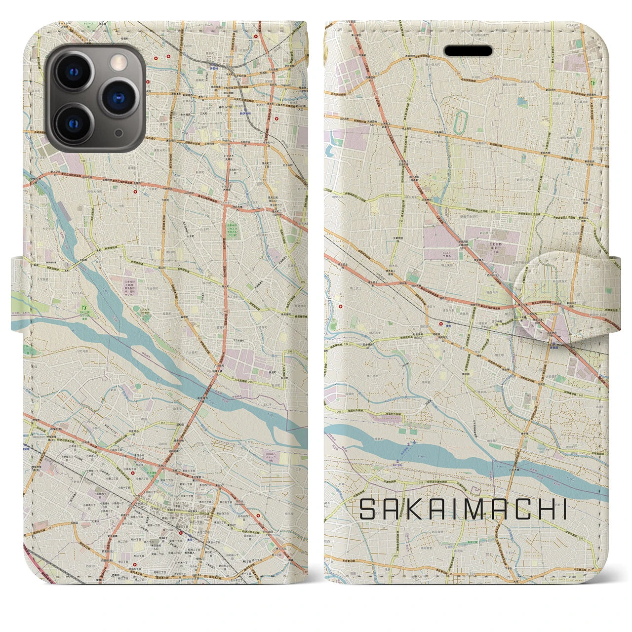 【境町(群馬県)】地図柄iPhoneケース(手帳タイプ)ナチュラル・iPhone 11 Pro Max 用