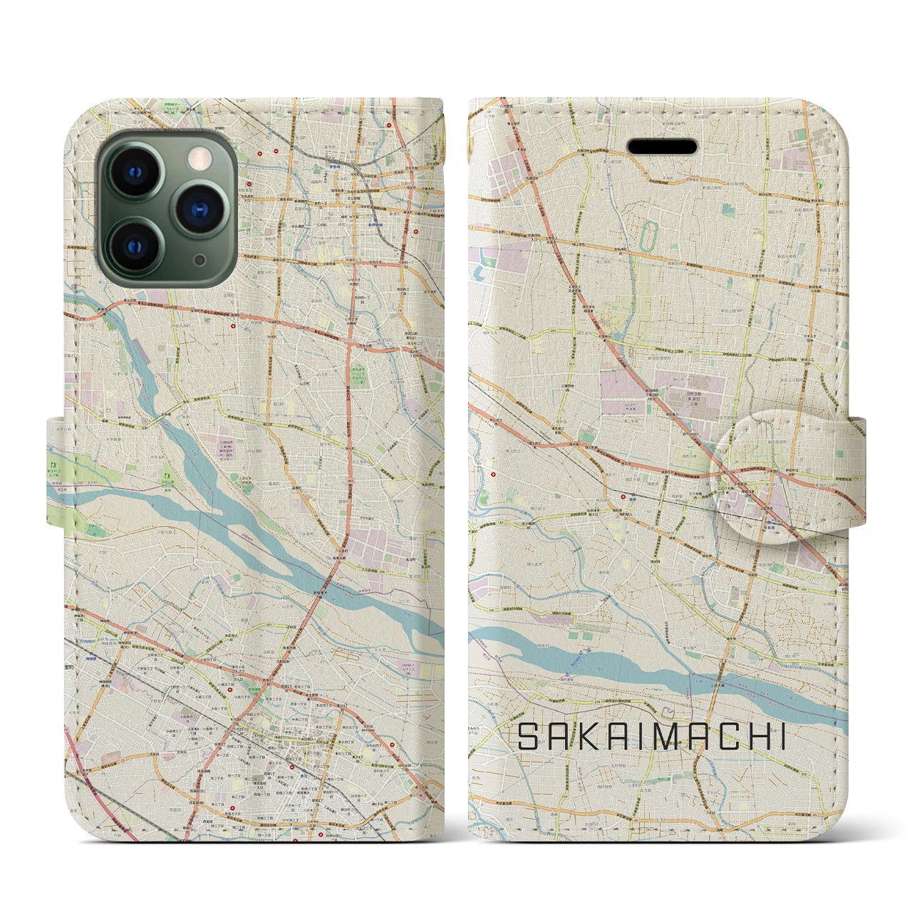 【境町(群馬県)】地図柄iPhoneケース(手帳タイプ)ナチュラル・iPhone 11 Pro 用