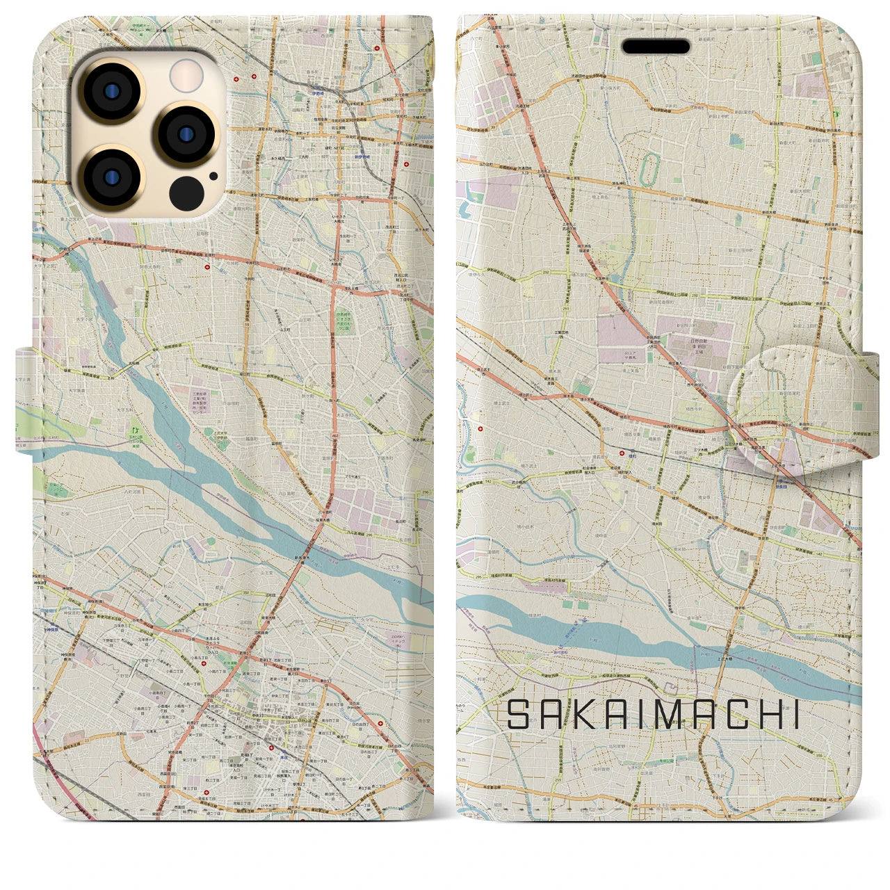 【境町(群馬県)】地図柄iPhoneケース(手帳タイプ)ナチュラル・iPhone 12 Pro Max 用
