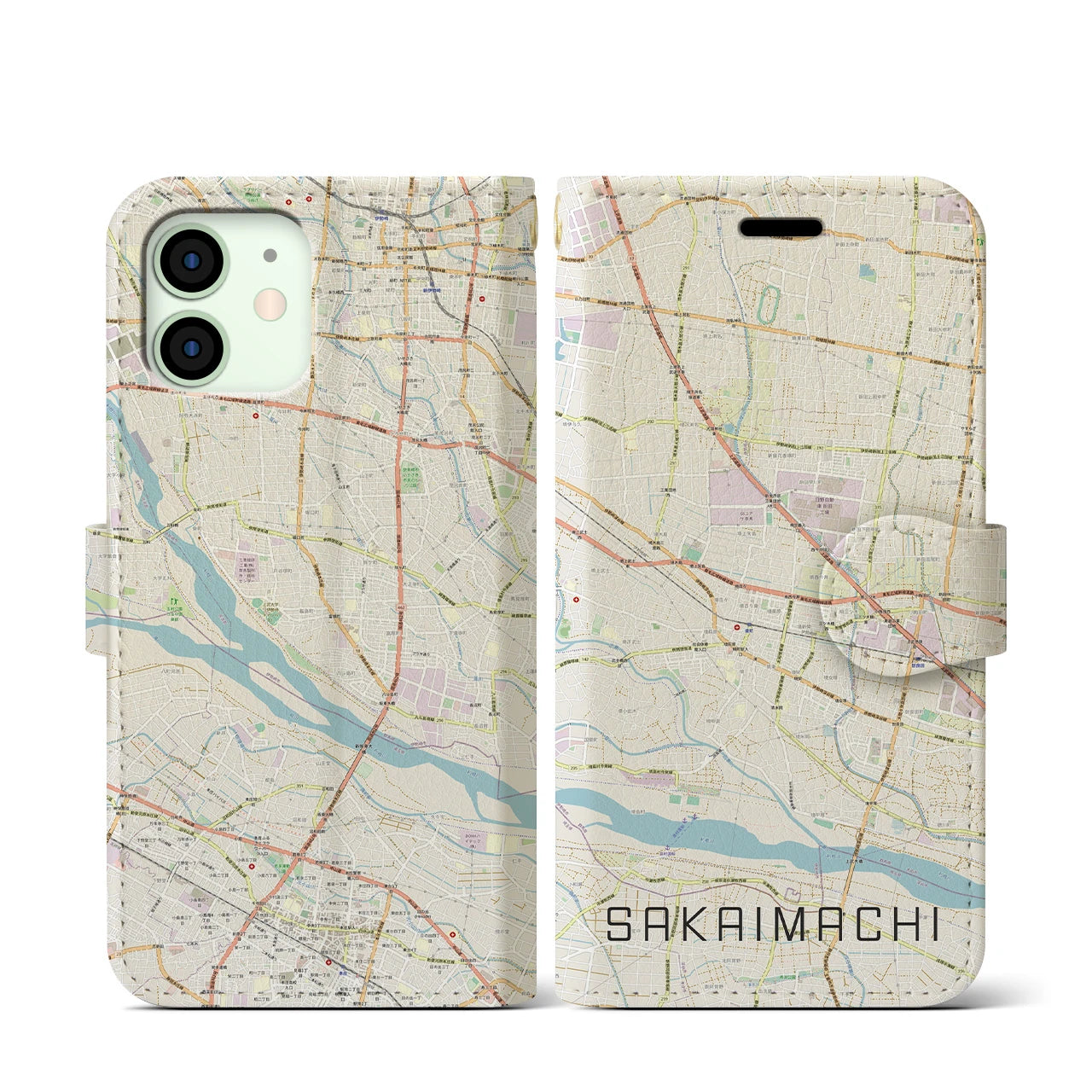 【境町(群馬県)】地図柄iPhoneケース(手帳タイプ)ナチュラル・iPhone 12 mini 用