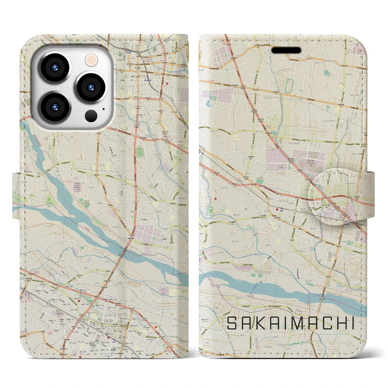 【境町(群馬県)】地図柄iPhoneケース(手帳タイプ)ナチュラル・iPhone 13 Pro 用