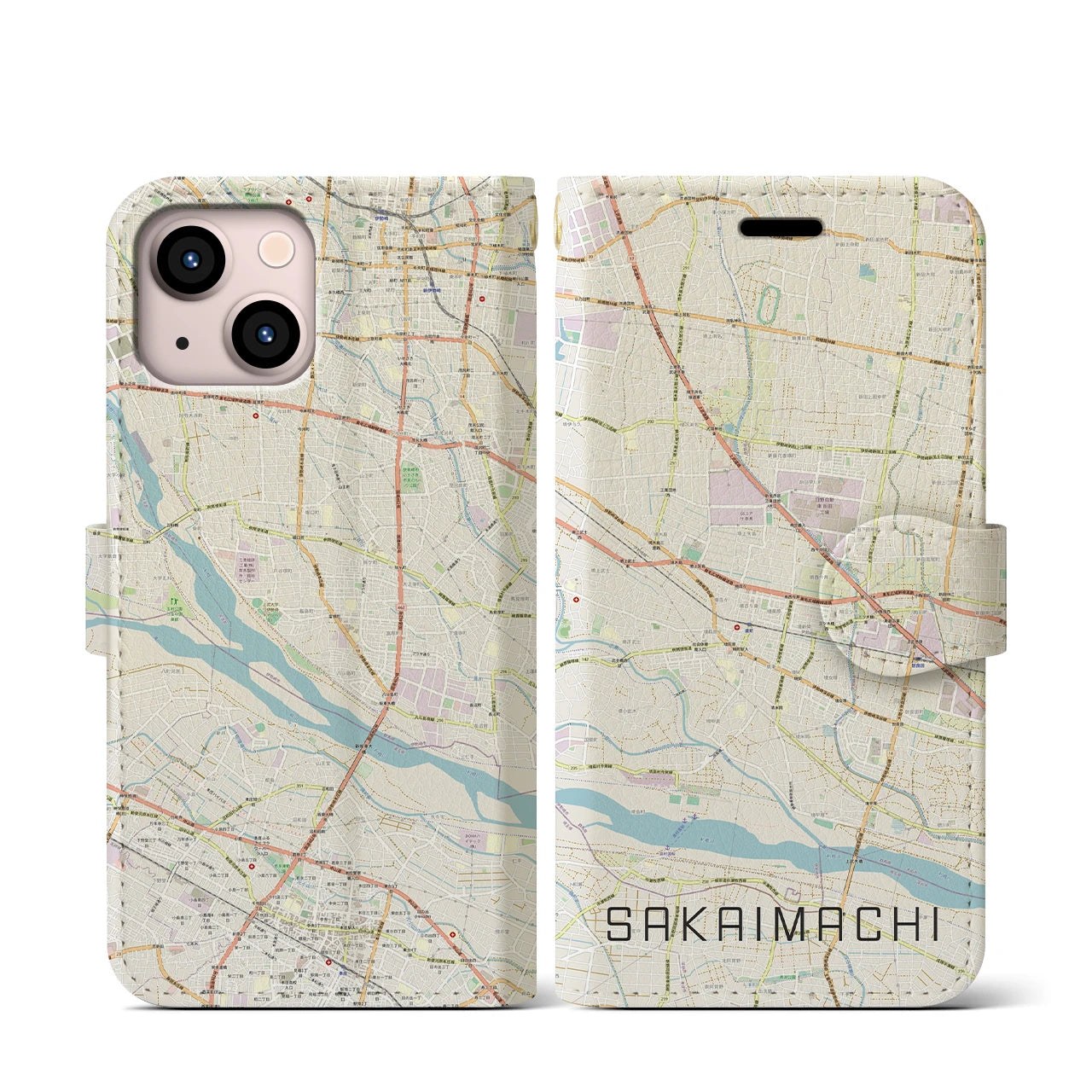 【境町(群馬県)】地図柄iPhoneケース(手帳タイプ)ナチュラル・iPhone 13 mini 用