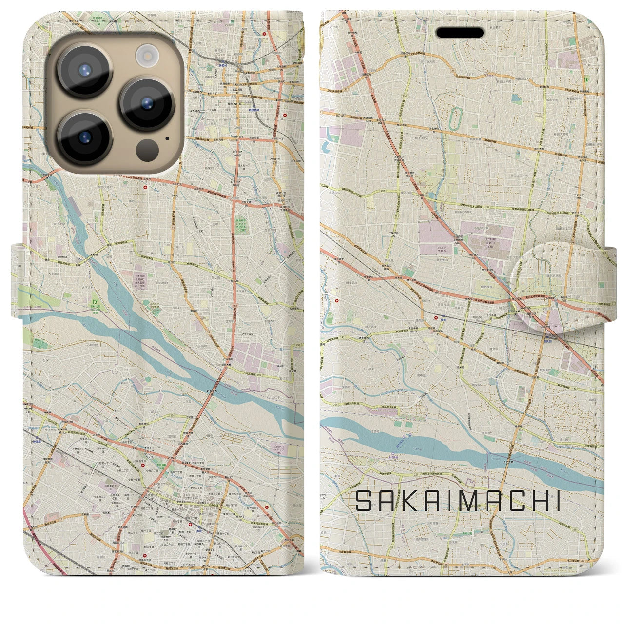 【境町(群馬県)】地図柄iPhoneケース(手帳タイプ)ナチュラル・iPhone 14 Pro Max 用