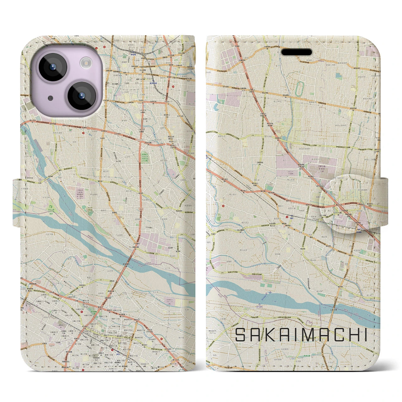 【境町(群馬県)】地図柄iPhoneケース(手帳タイプ)ナチュラル・iPhone 14 用