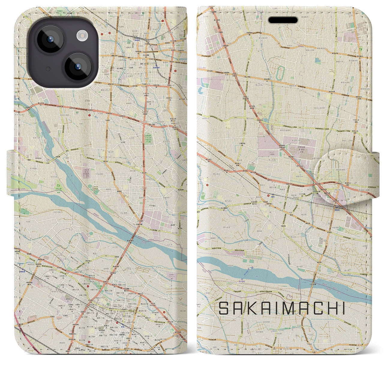 【境町(群馬県)】地図柄iPhoneケース(手帳タイプ)ナチュラル・iPhone 14 Plus 用
