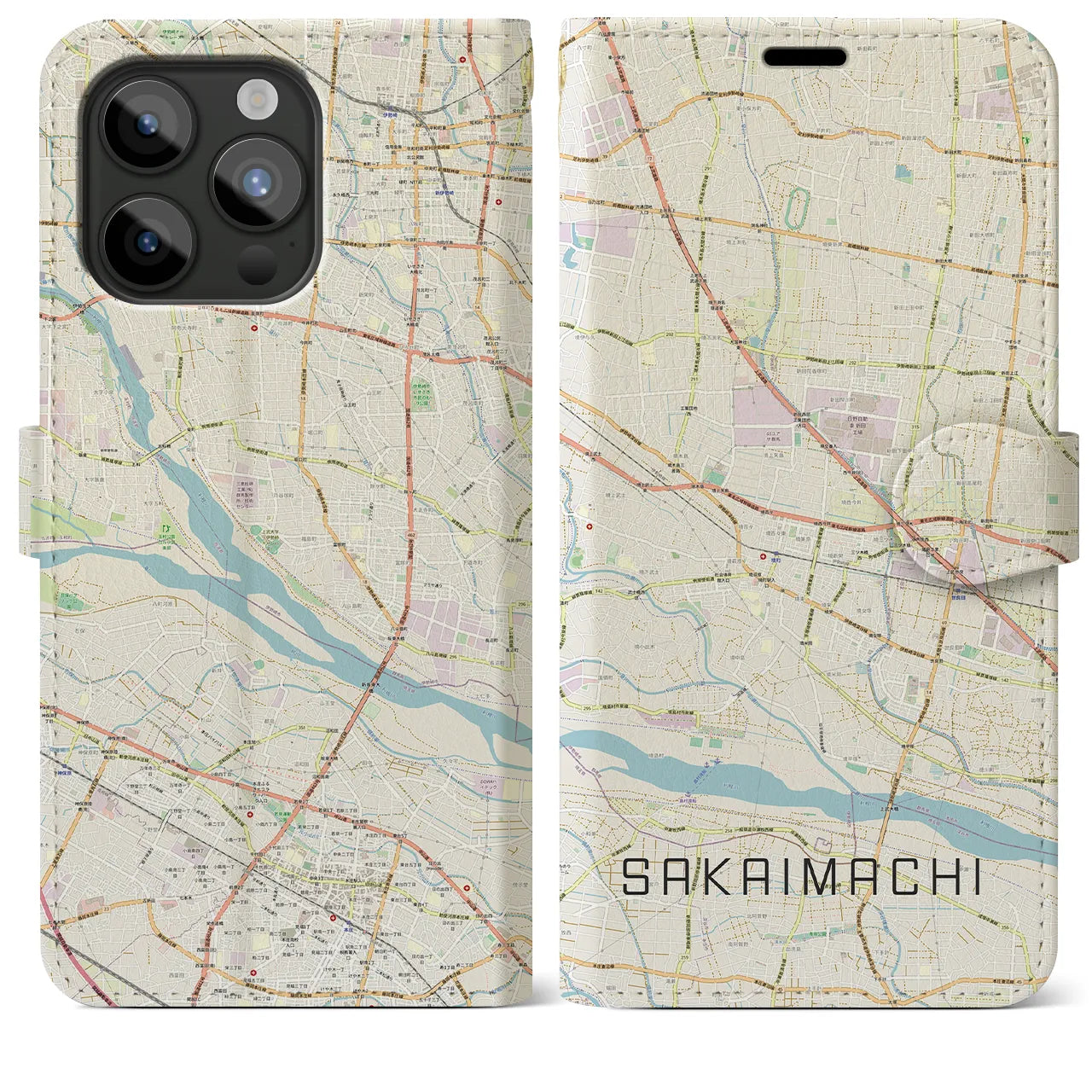 【境町(群馬県)】地図柄iPhoneケース(手帳タイプ)ナチュラル・iPhone 15 Pro Max 用