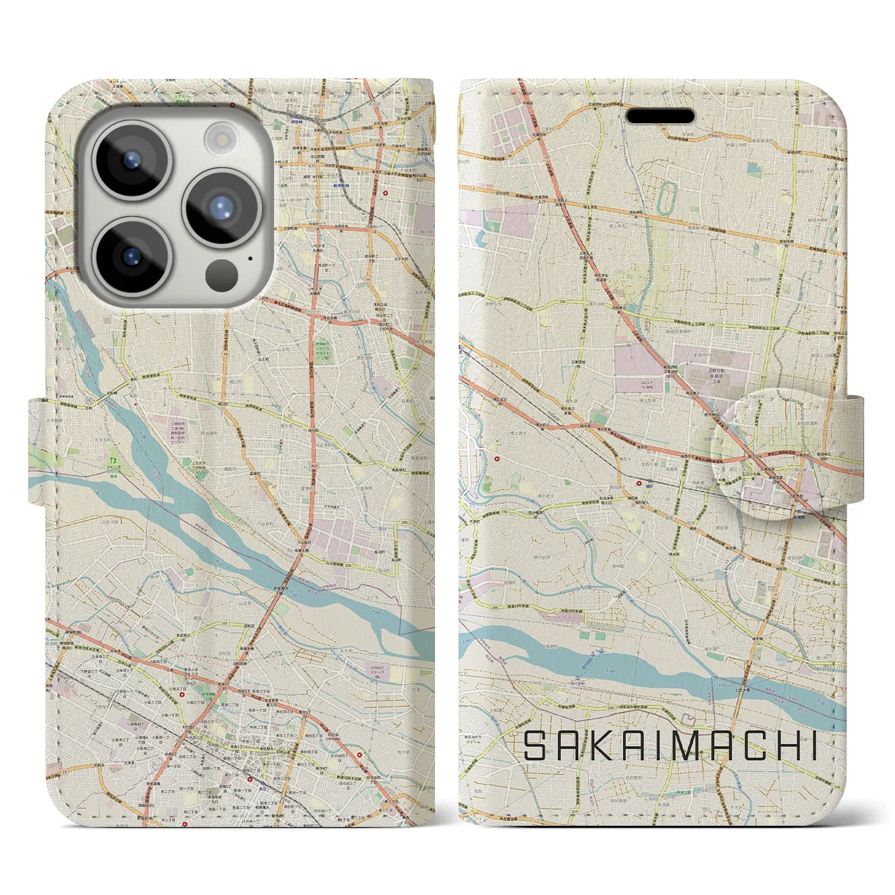 【境町(群馬県)】地図柄iPhoneケース(手帳タイプ)ナチュラル・iPhone 15 Pro 用