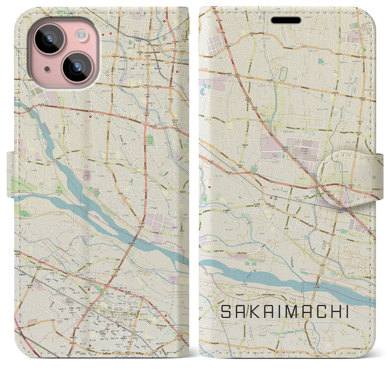 【境町(群馬県)】地図柄iPhoneケース(手帳タイプ)ナチュラル・iPhone 15 Plus 用