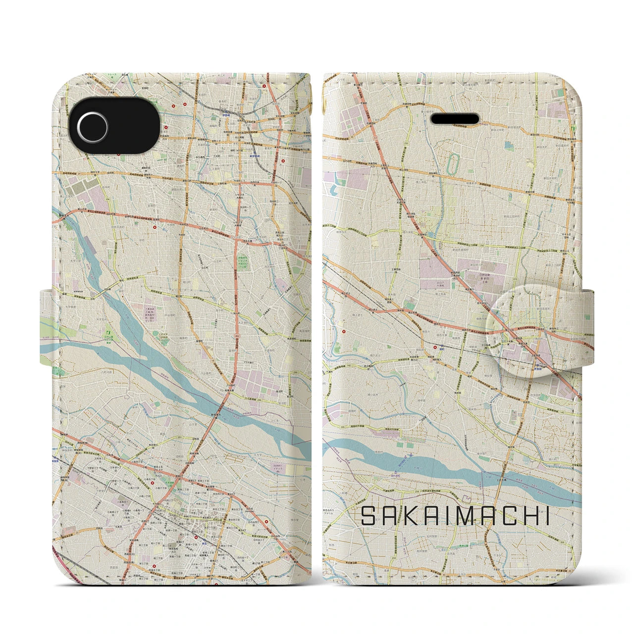 【境町(群馬県)】地図柄iPhoneケース(手帳タイプ)ナチュラル・iPhone SE(第3 / 第2世代) / 8 / 7 / 6s / 6 用