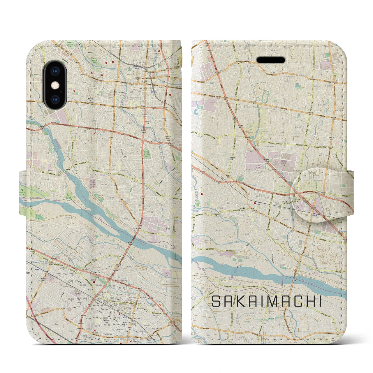 【境町(群馬県)】地図柄iPhoneケース(手帳タイプ)ナチュラル・iPhone XS / X 用