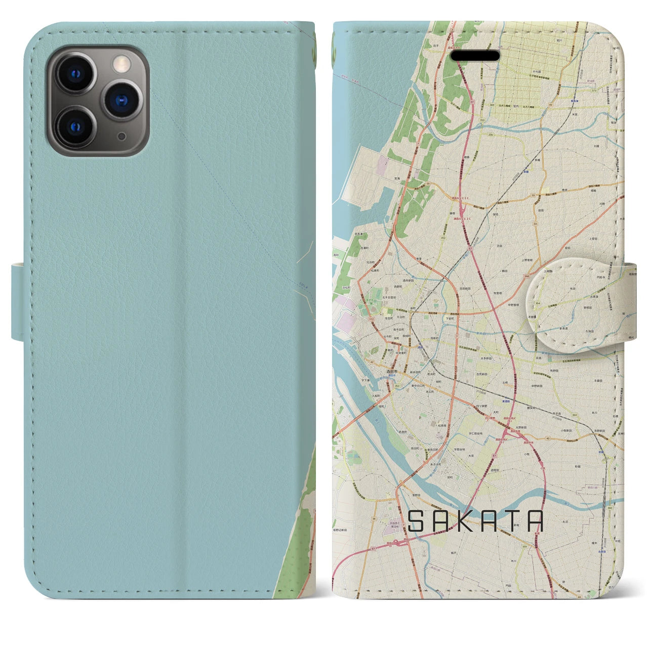 【酒田(山形県)】地図柄iPhoneケース(手帳タイプ)ナチュラル・iPhone 11 Pro Max 用