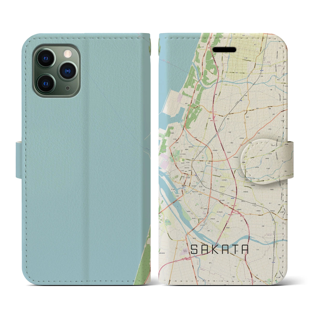 【酒田(山形県)】地図柄iPhoneケース(手帳タイプ)ナチュラル・iPhone 11 Pro 用