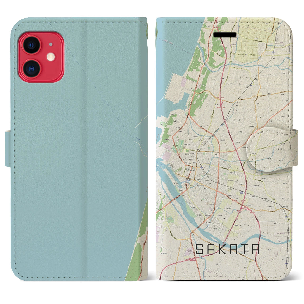 【酒田(山形県)】地図柄iPhoneケース(手帳タイプ)ナチュラル・iPhone 11 用