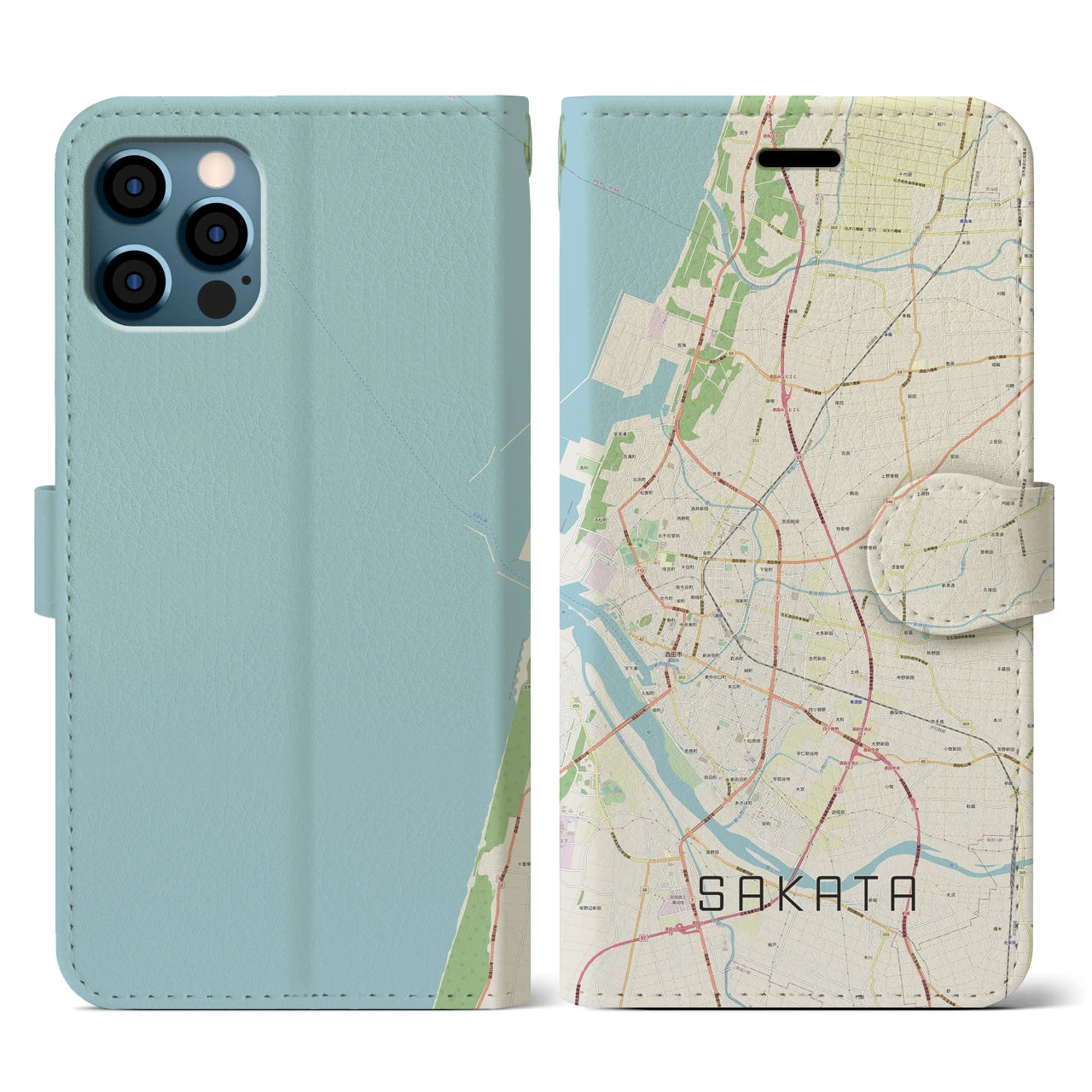 【酒田(山形県)】地図柄iPhoneケース(手帳タイプ)ナチュラル・iPhone 12 / 12 Pro 用