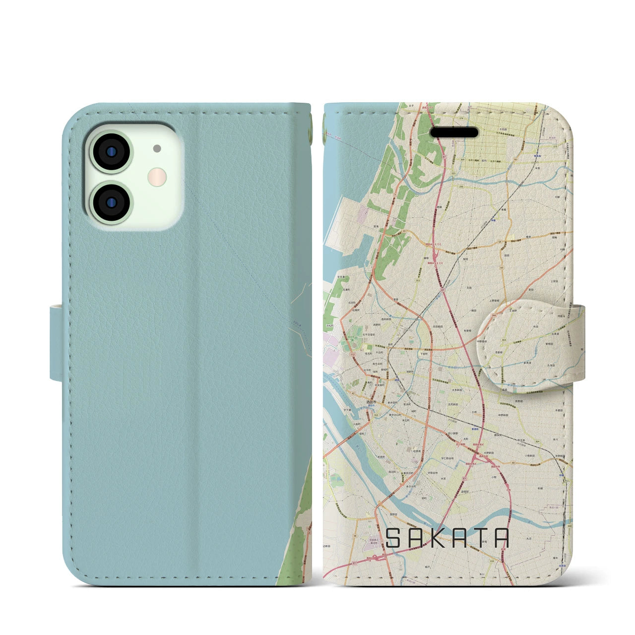 【酒田(山形県)】地図柄iPhoneケース(手帳タイプ)ナチュラル・iPhone 12 mini 用