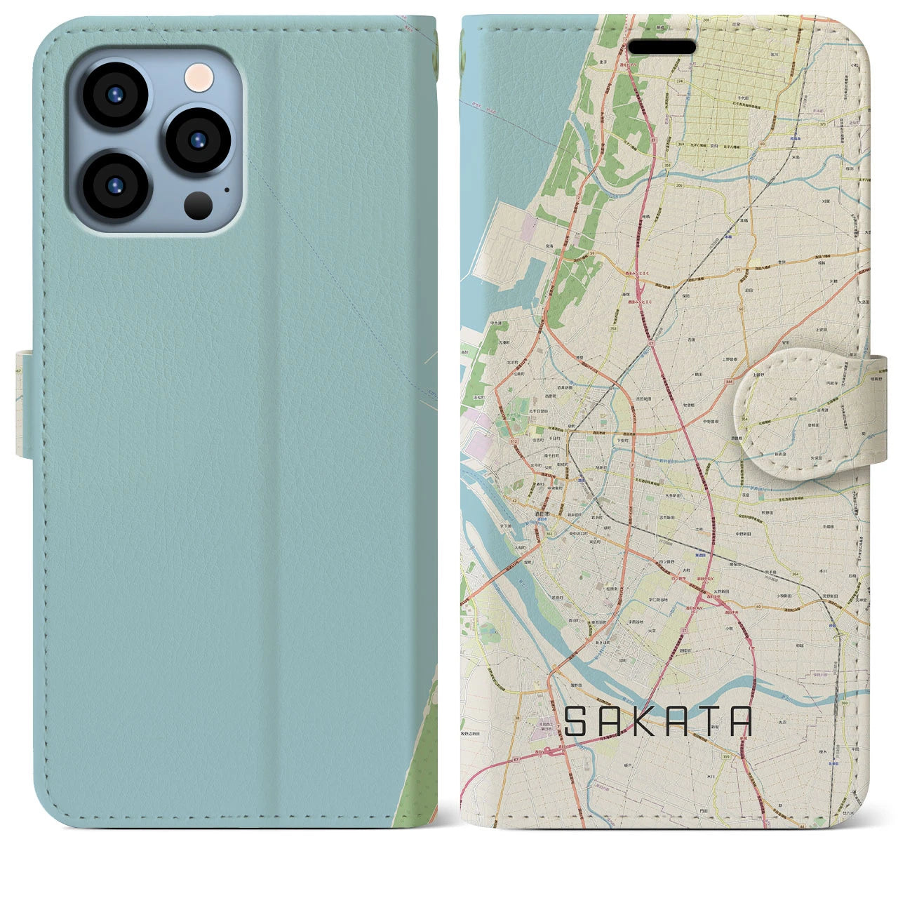 【酒田(山形県)】地図柄iPhoneケース(手帳タイプ)ナチュラル・iPhone 13 Pro Max 用