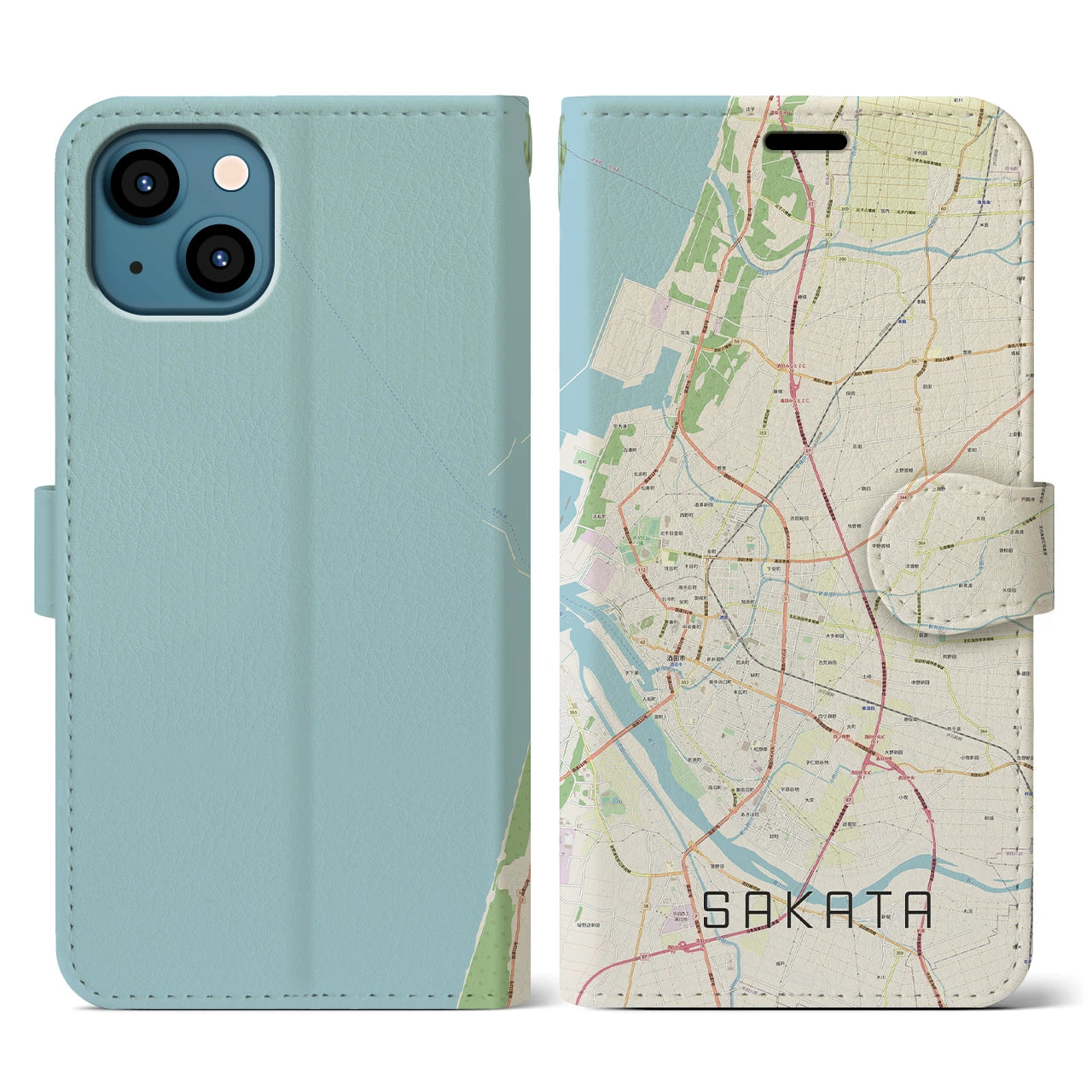 【酒田(山形県)】地図柄iPhoneケース(手帳タイプ)ナチュラル・iPhone 13 用