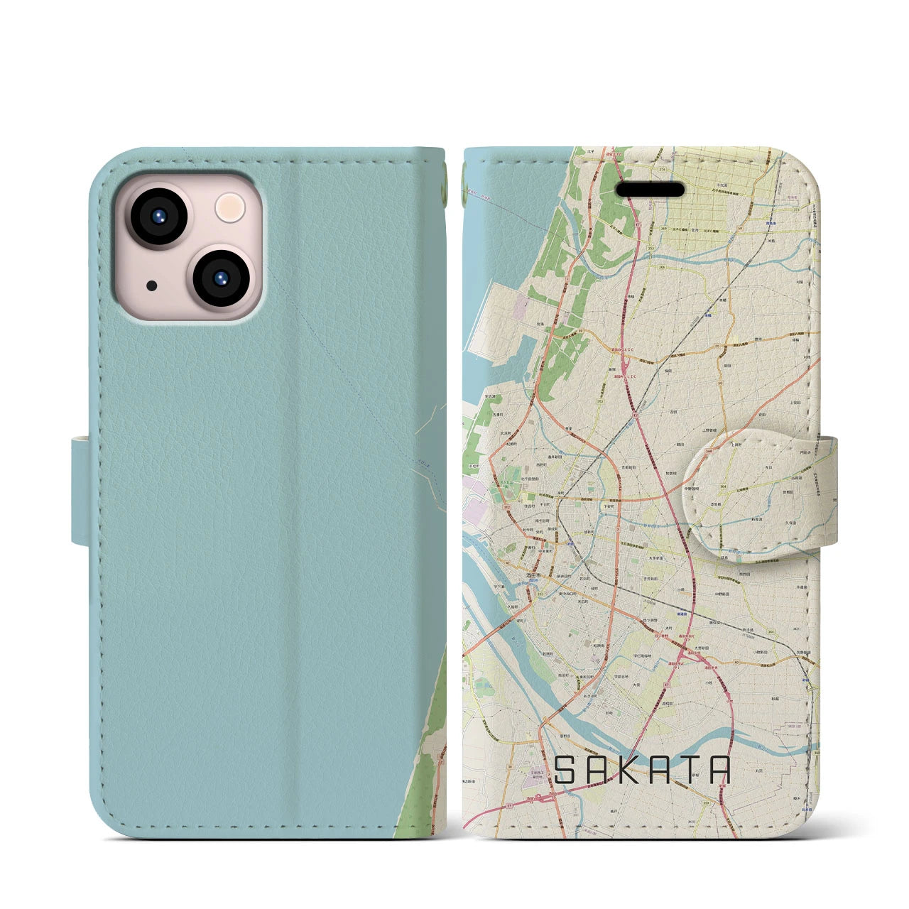 【酒田(山形県)】地図柄iPhoneケース(手帳タイプ)ナチュラル・iPhone 13 mini 用
