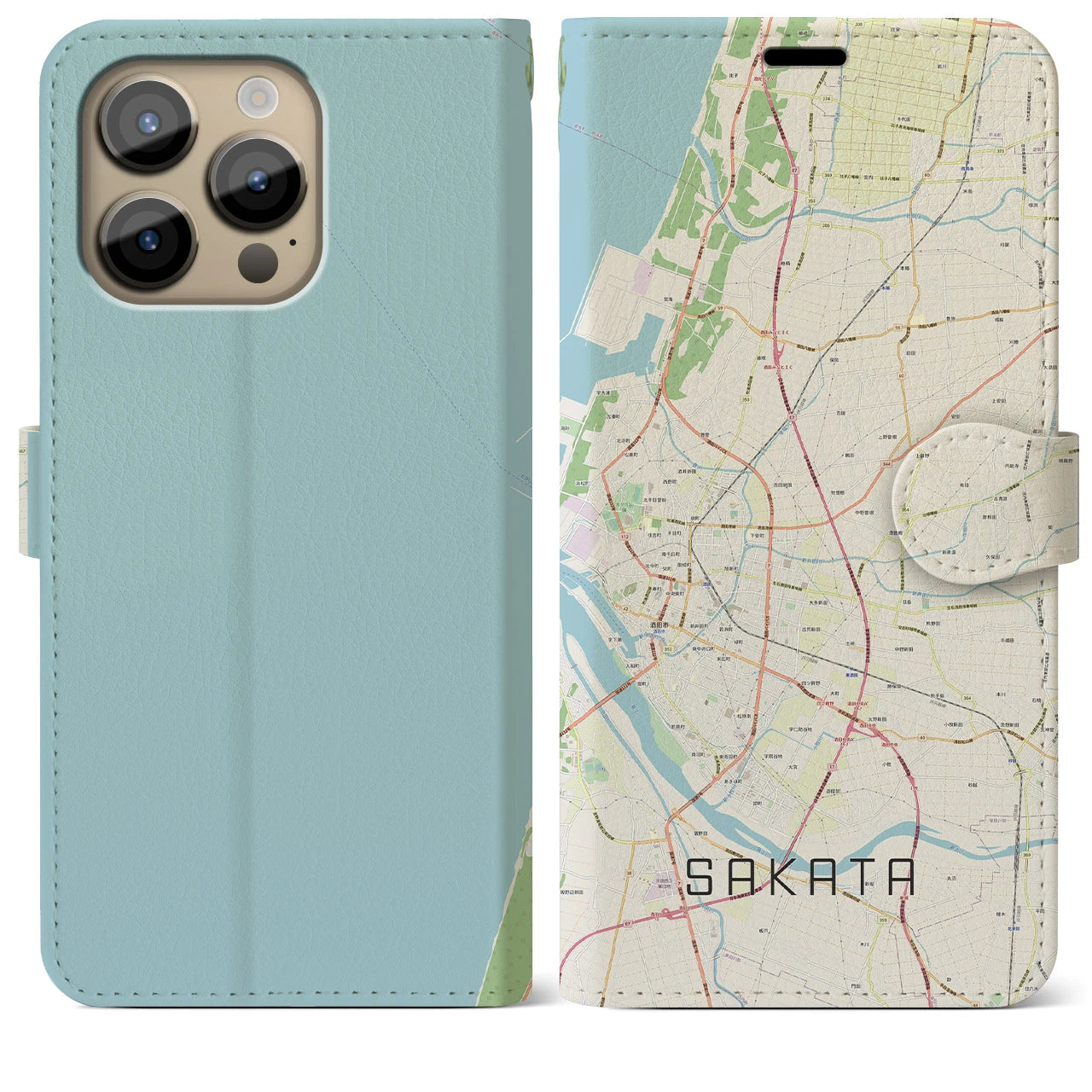 【酒田(山形県)】地図柄iPhoneケース(手帳タイプ)ナチュラル・iPhone 14 Pro Max 用