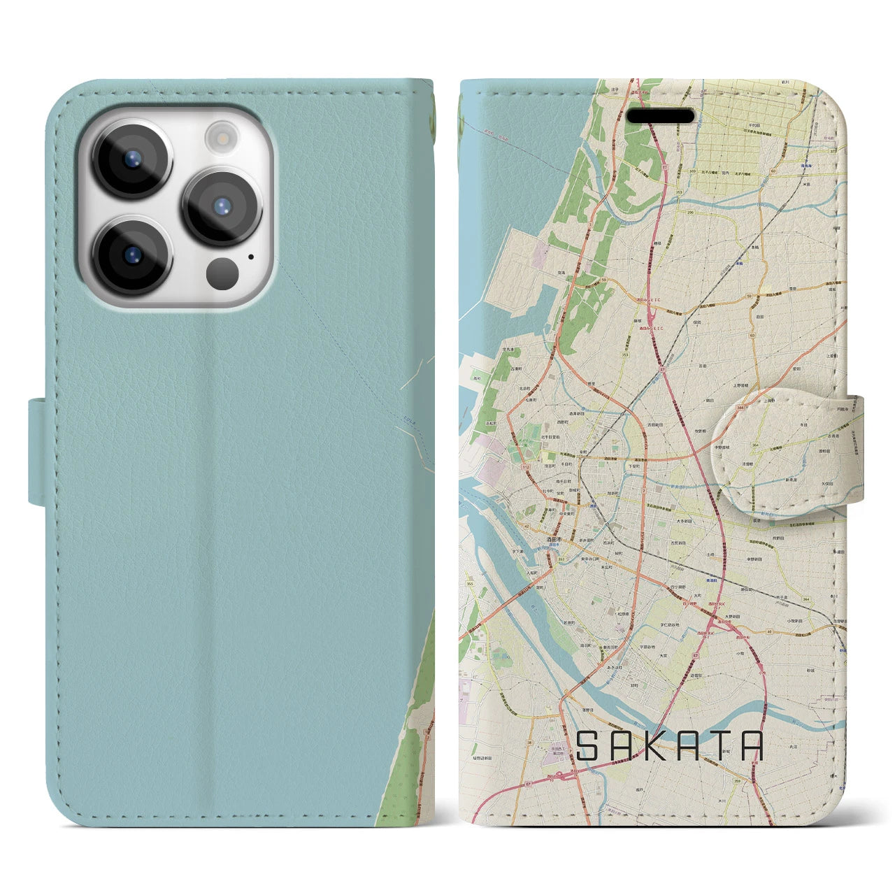 【酒田(山形県)】地図柄iPhoneケース(手帳タイプ)ナチュラル・iPhone 14 Pro 用