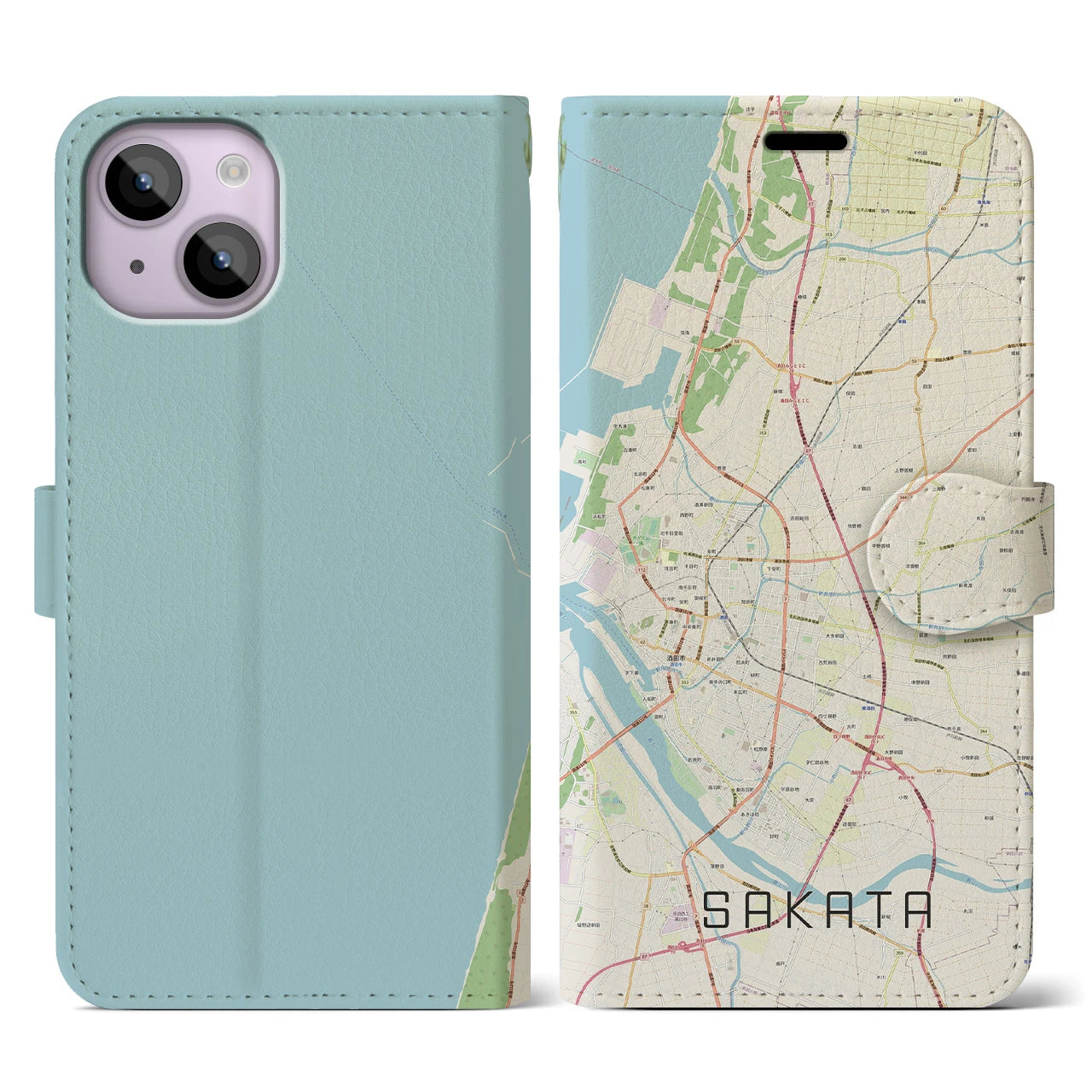 【酒田(山形県)】地図柄iPhoneケース(手帳タイプ)ナチュラル・iPhone 14 用