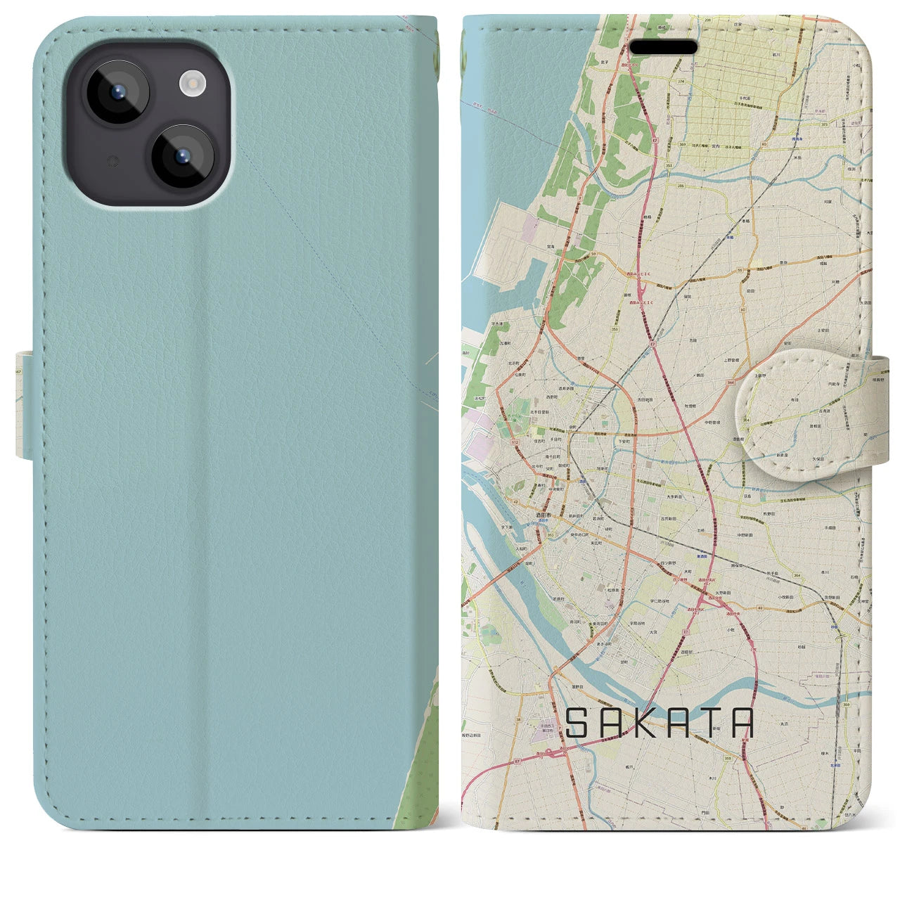 【酒田(山形県)】地図柄iPhoneケース(手帳タイプ)ナチュラル・iPhone 14 Plus 用