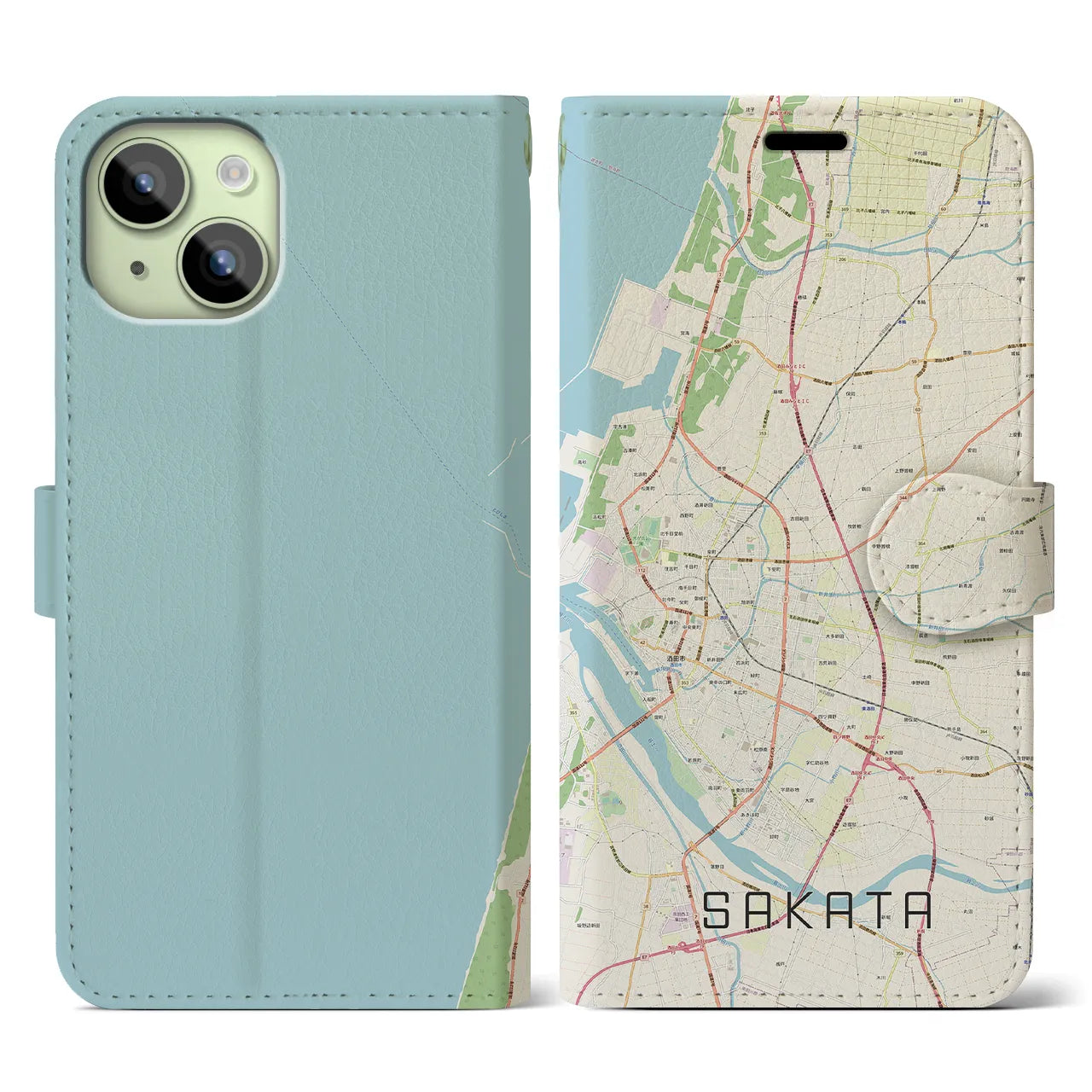 【酒田(山形県)】地図柄iPhoneケース(手帳タイプ)ナチュラル・iPhone 15 用