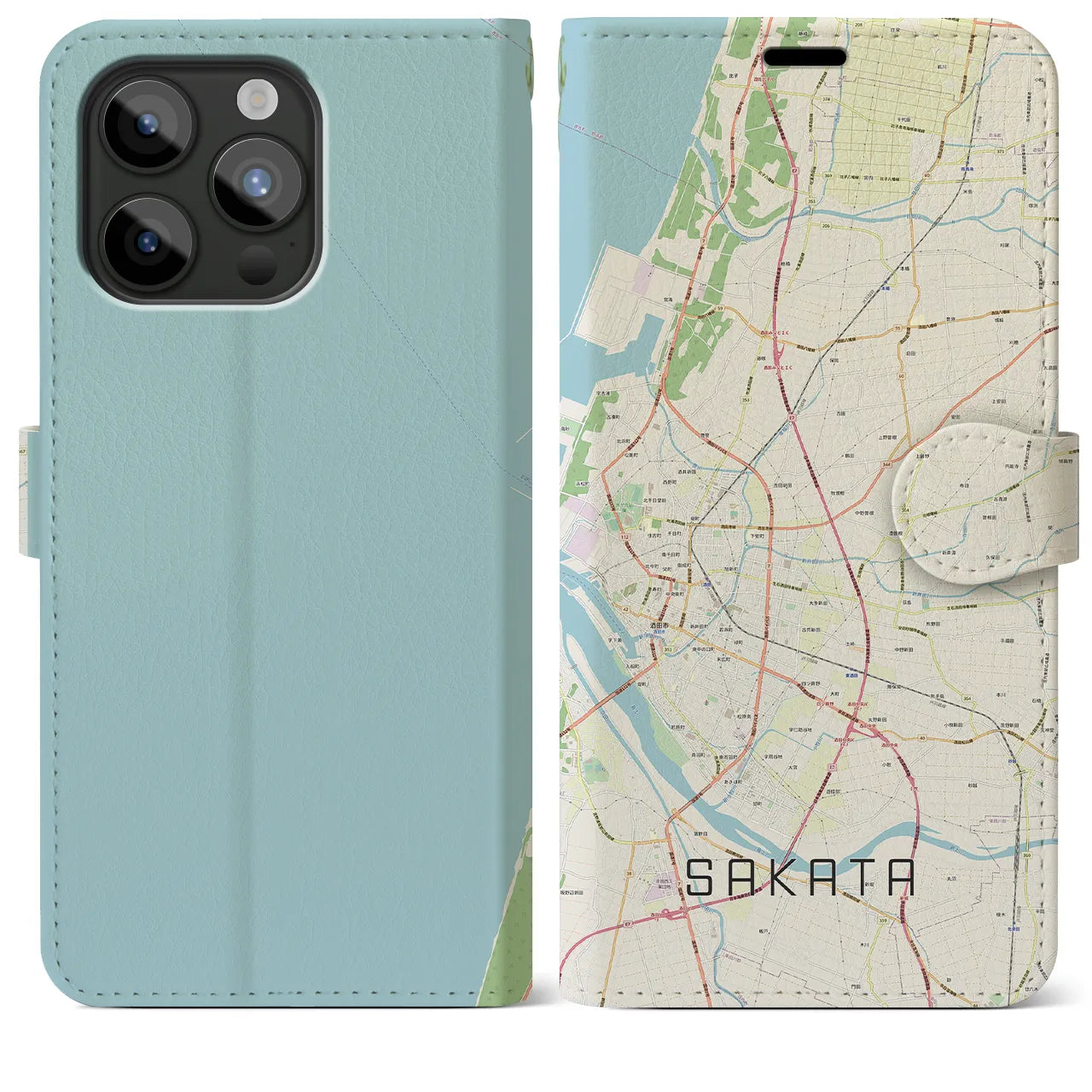 【酒田(山形県)】地図柄iPhoneケース(手帳タイプ)ナチュラル・iPhone 15 Pro Max 用