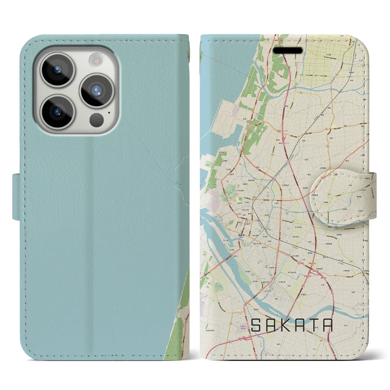 【酒田(山形県)】地図柄iPhoneケース(手帳タイプ)ナチュラル・iPhone 15 Pro 用