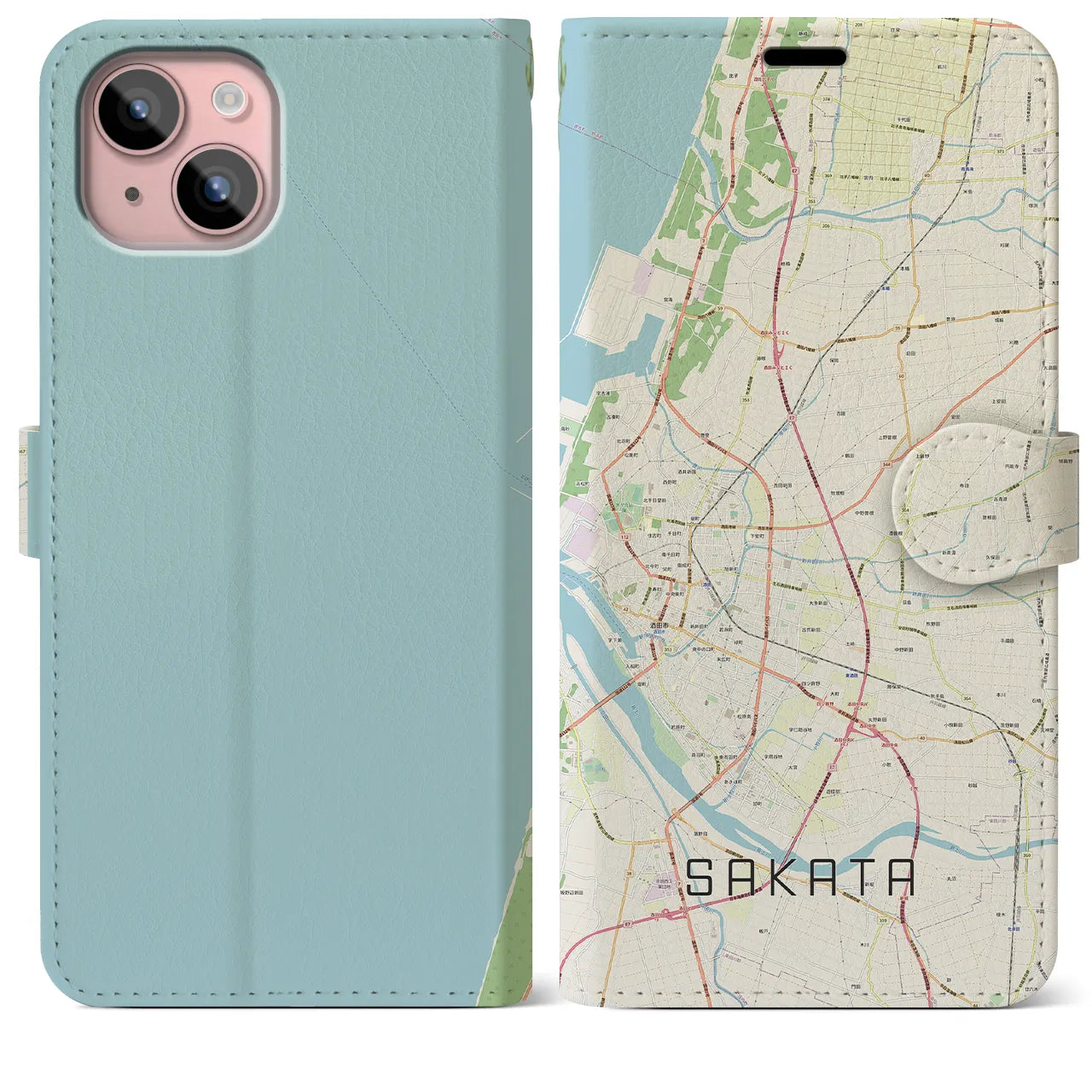 【酒田(山形県)】地図柄iPhoneケース(手帳タイプ)ナチュラル・iPhone 15 Plus 用