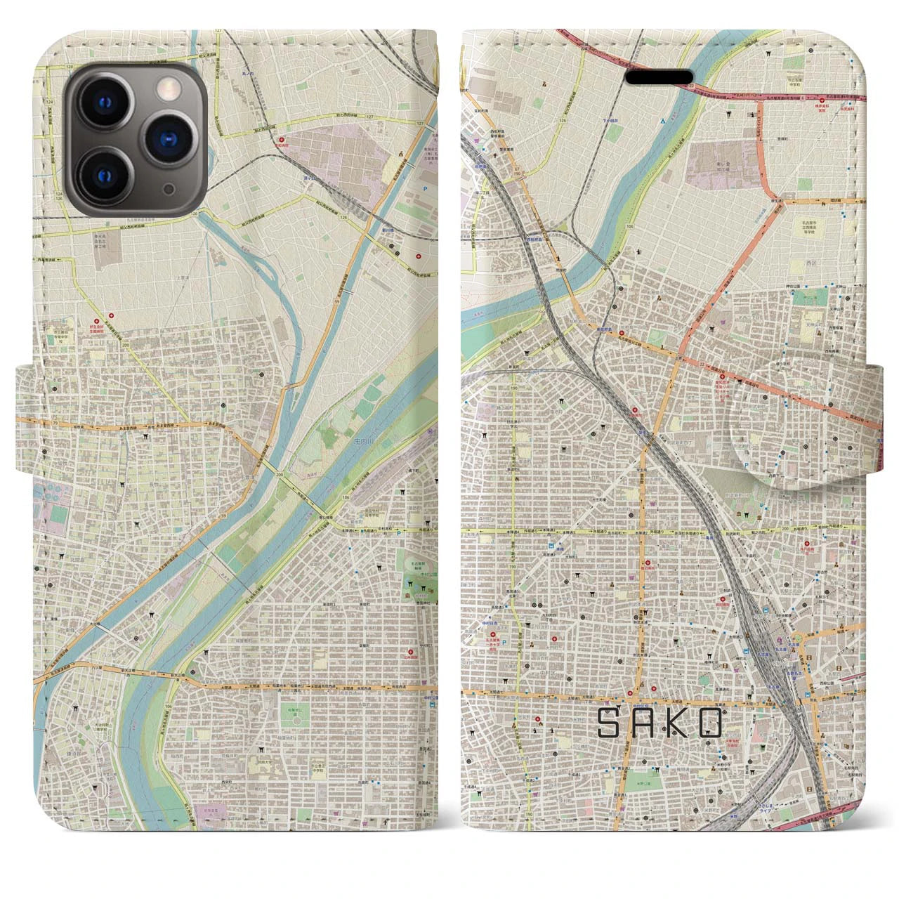 【栄生(愛知県)】地図柄iPhoneケース(手帳タイプ)ナチュラル・iPhone 11 Pro Max 用
