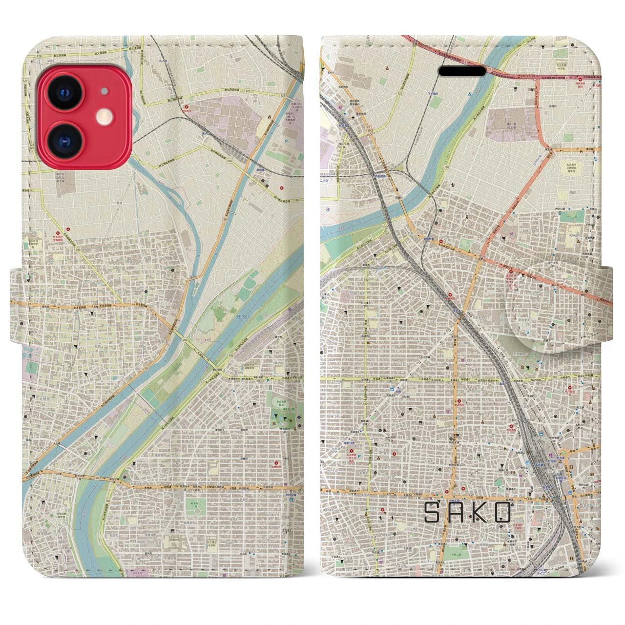 【栄生(愛知県)】地図柄iPhoneケース(手帳タイプ)ナチュラル・iPhone 11 用