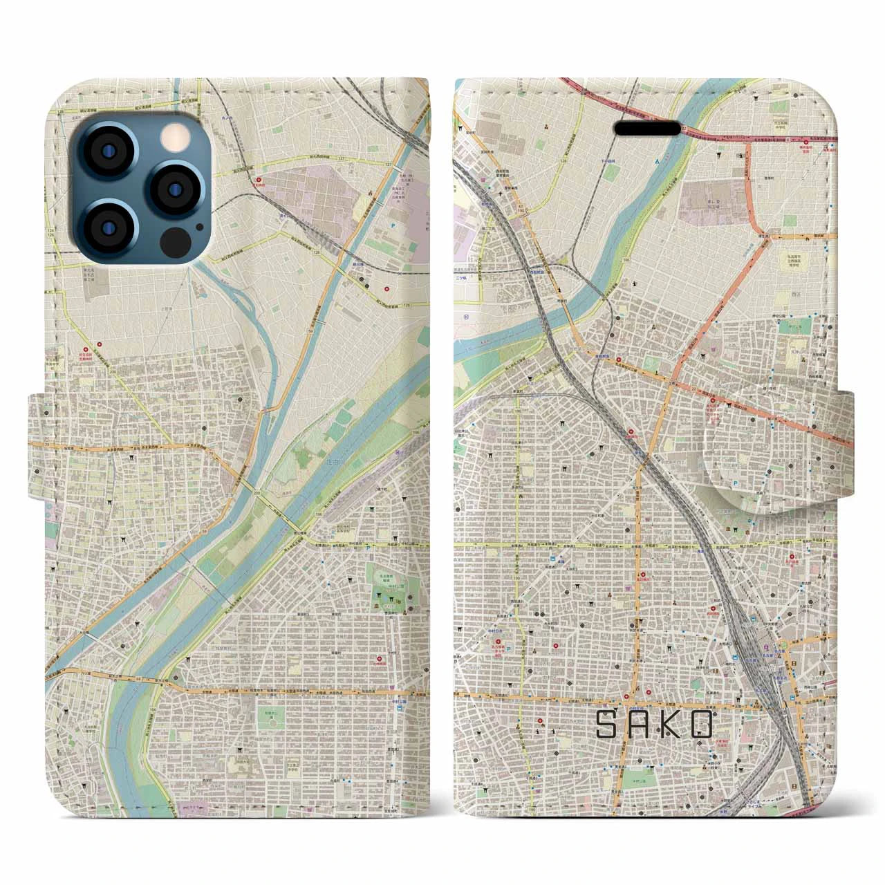 【栄生(愛知県)】地図柄iPhoneケース(手帳タイプ)ナチュラル・iPhone 12 / 12 Pro 用