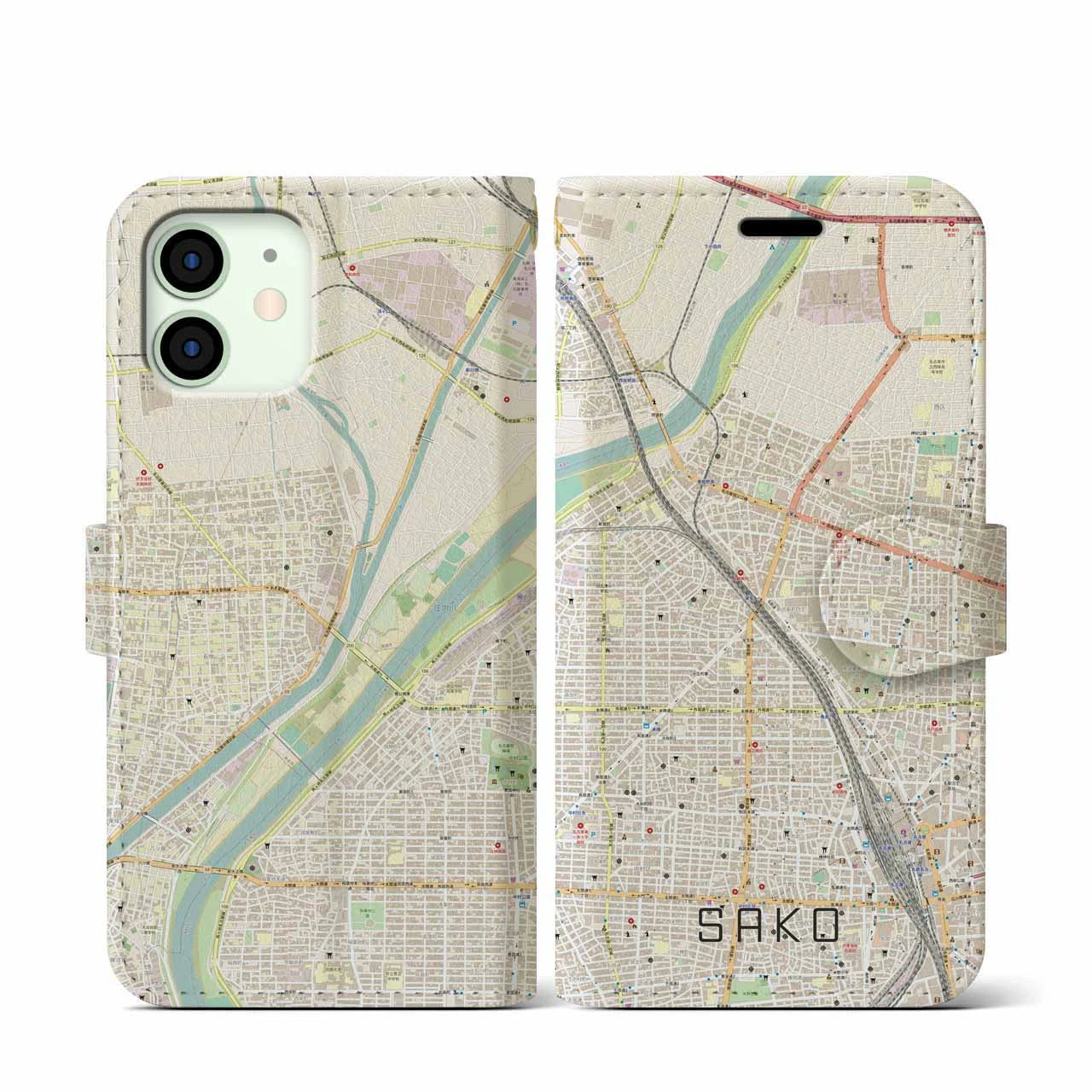 【栄生(愛知県)】地図柄iPhoneケース(手帳タイプ)ナチュラル・iPhone 12 mini 用