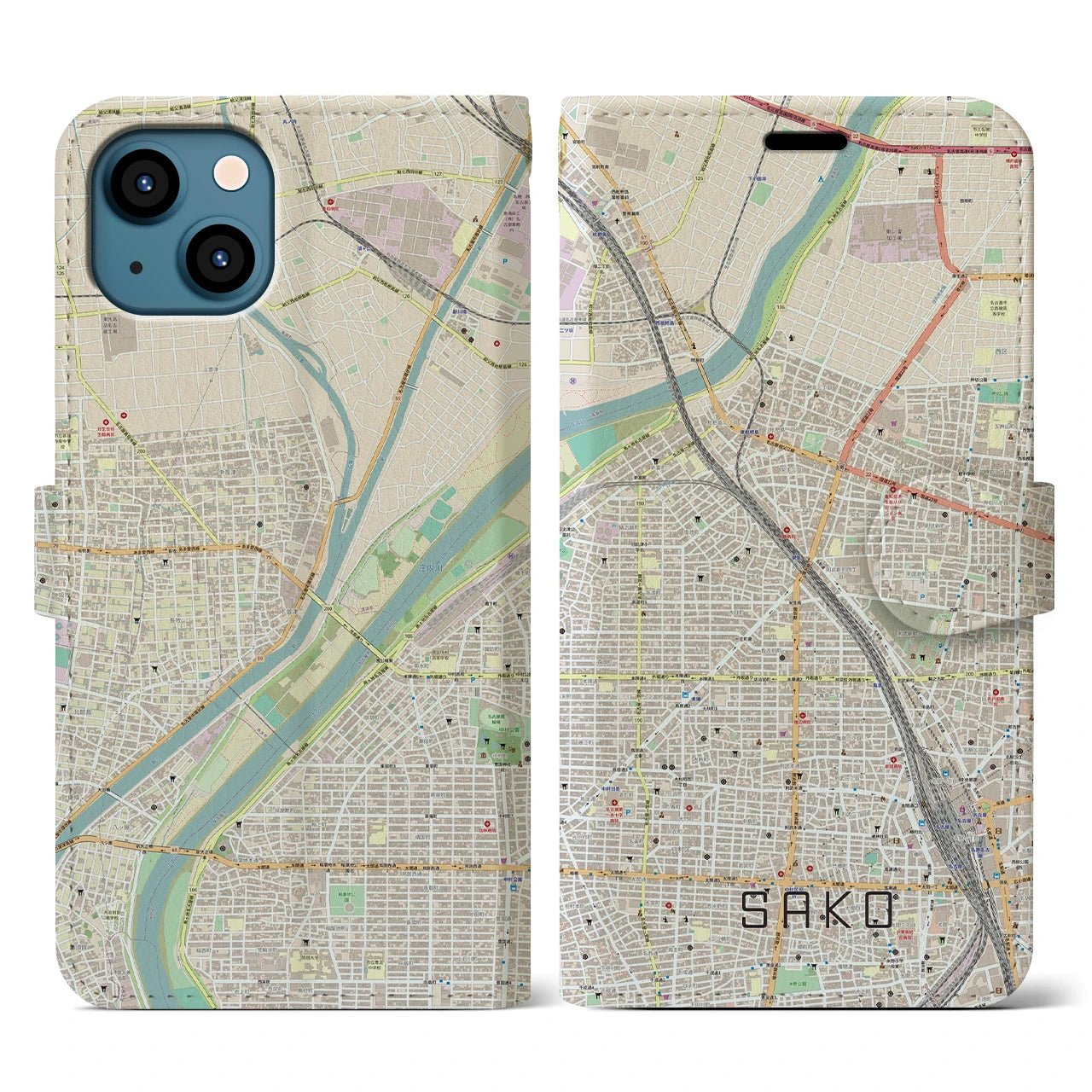 【栄生(愛知県)】地図柄iPhoneケース(手帳タイプ)ナチュラル・iPhone 13 用