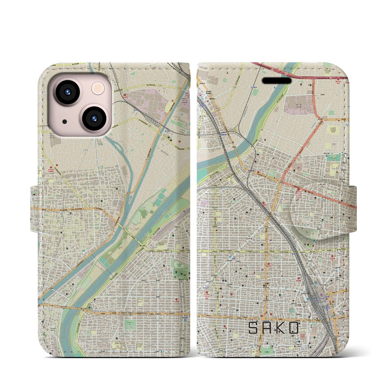【栄生(愛知県)】地図柄iPhoneケース(手帳タイプ)ナチュラル・iPhone 13 mini 用