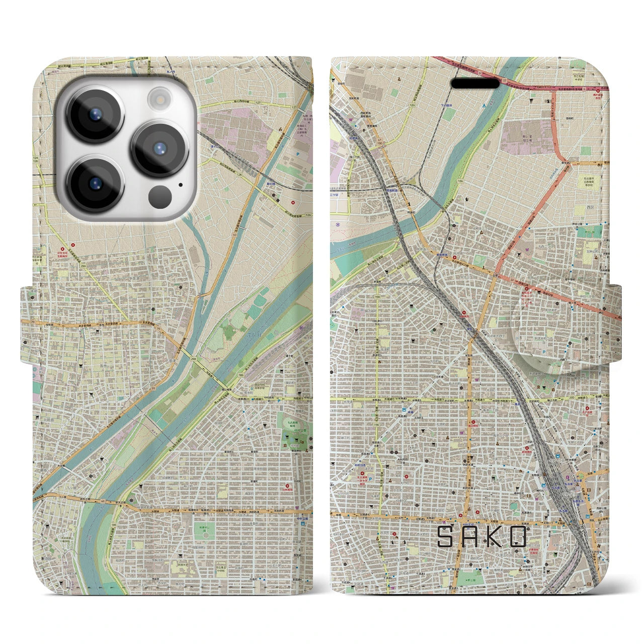 【栄生(愛知県)】地図柄iPhoneケース(手帳タイプ)ナチュラル・iPhone 14 Pro 用