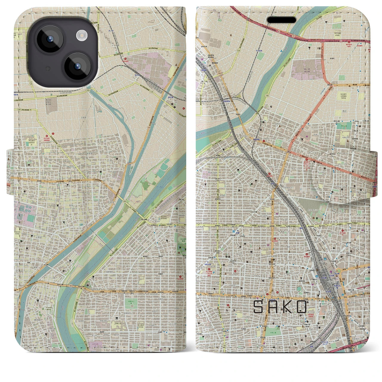【栄生(愛知県)】地図柄iPhoneケース(手帳タイプ)ナチュラル・iPhone 14 Plus 用