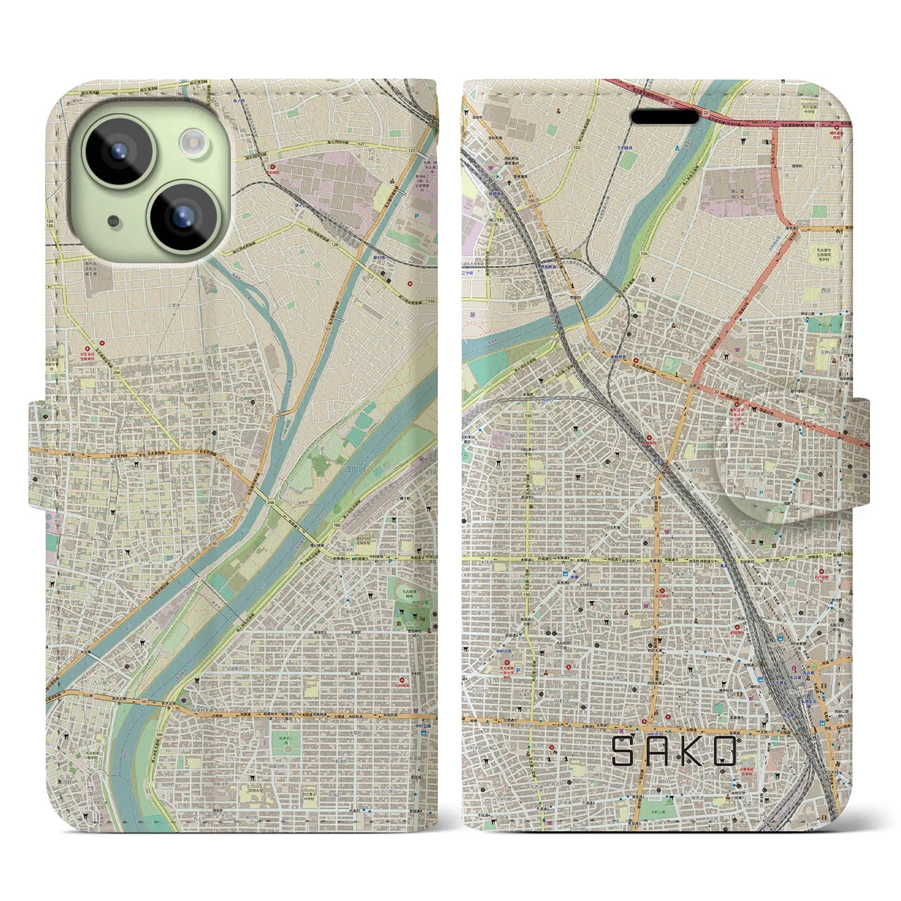 【栄生(愛知県)】地図柄iPhoneケース(手帳タイプ)ナチュラル・iPhone 15 用