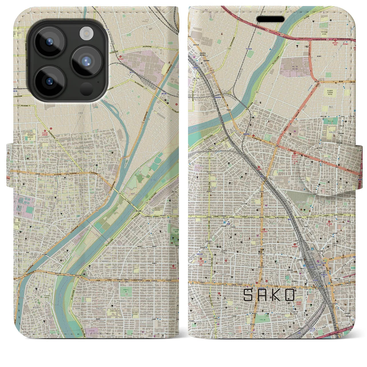 【栄生(愛知県)】地図柄iPhoneケース(手帳タイプ)ナチュラル・iPhone 15 Pro Max 用