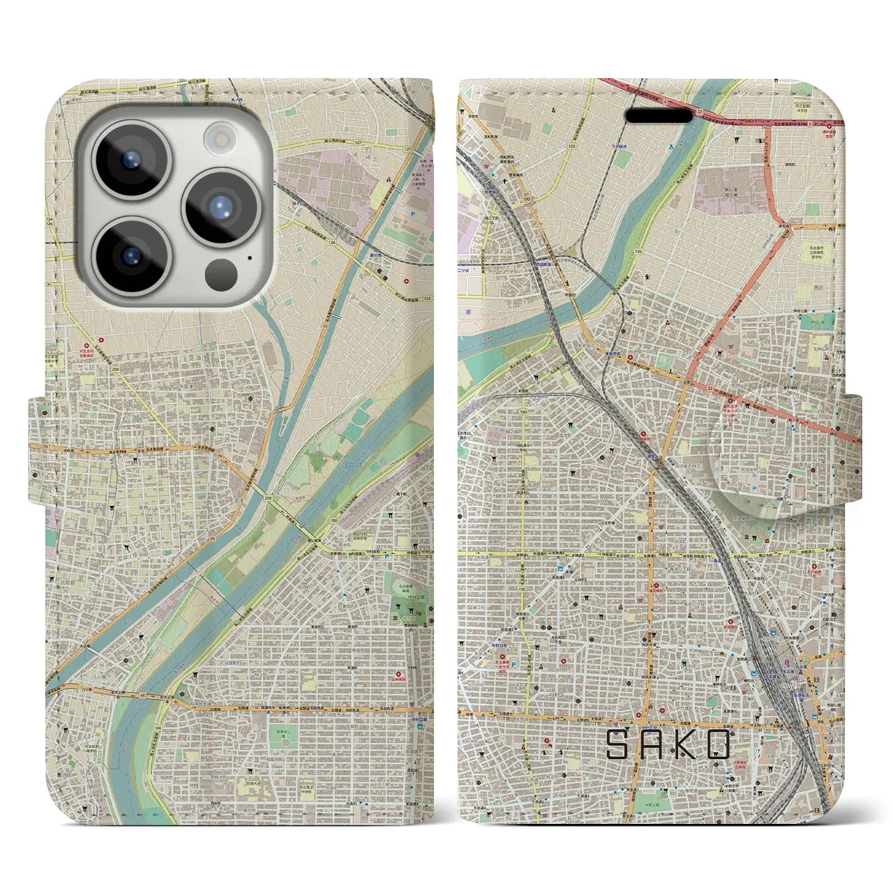 【栄生(愛知県)】地図柄iPhoneケース(手帳タイプ)ナチュラル・iPhone 15 Pro 用