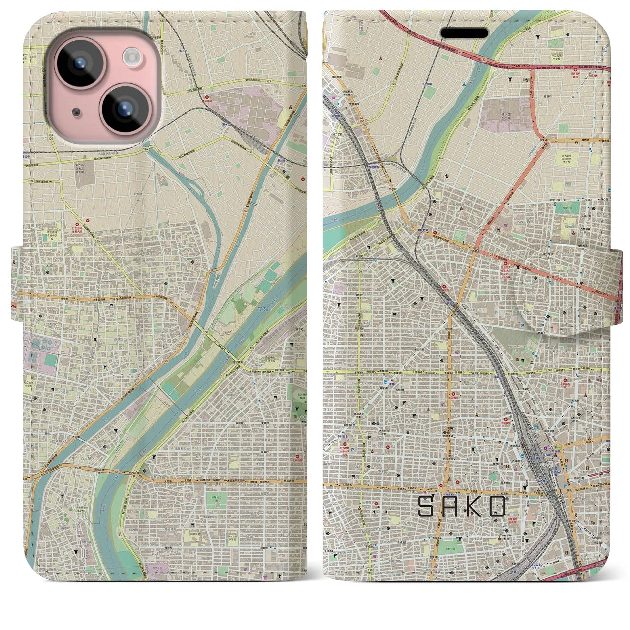 【栄生(愛知県)】地図柄iPhoneケース(手帳タイプ)ナチュラル・iPhone 15 Plus 用