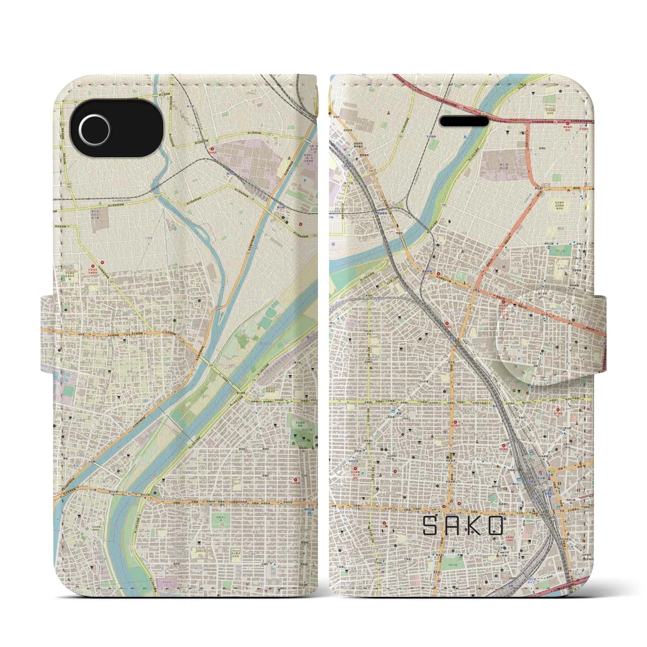 【栄生(愛知県)】地図柄iPhoneケース(手帳タイプ)ナチュラル・iPhone SE(第3 / 第2世代) / 8 / 7 / 6s / 6 用