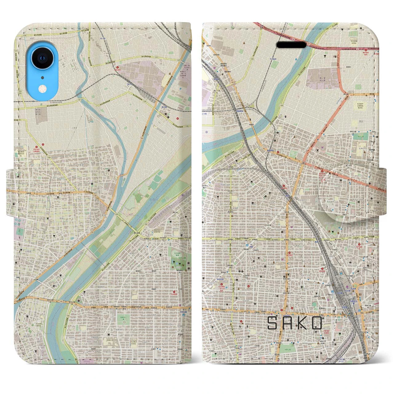 【栄生(愛知県)】地図柄iPhoneケース(手帳タイプ)ナチュラル・iPhone XR 用