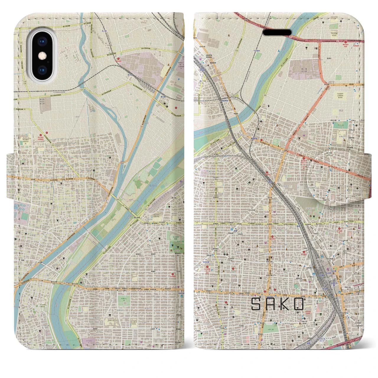 【栄生(愛知県)】地図柄iPhoneケース(手帳タイプ)ナチュラル・iPhone XS Max 用