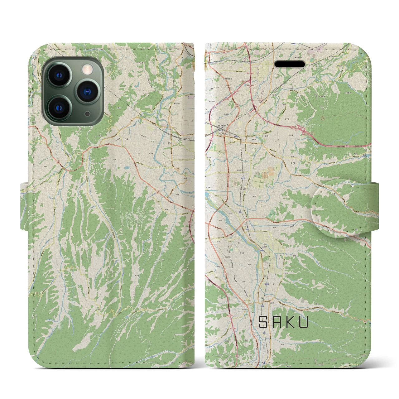 【佐久(長野県)】地図柄iPhoneケース(手帳タイプ)ナチュラル・iPhone 11 Pro 用