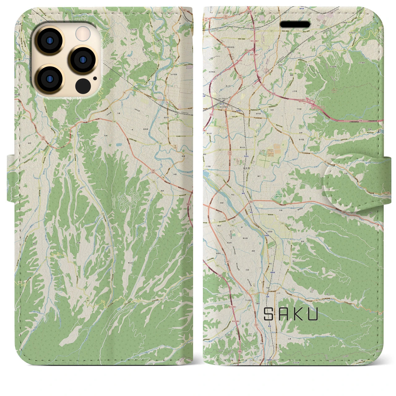 【佐久(長野県)】地図柄iPhoneケース(手帳タイプ)ナチュラル・iPhone 12 Pro Max 用