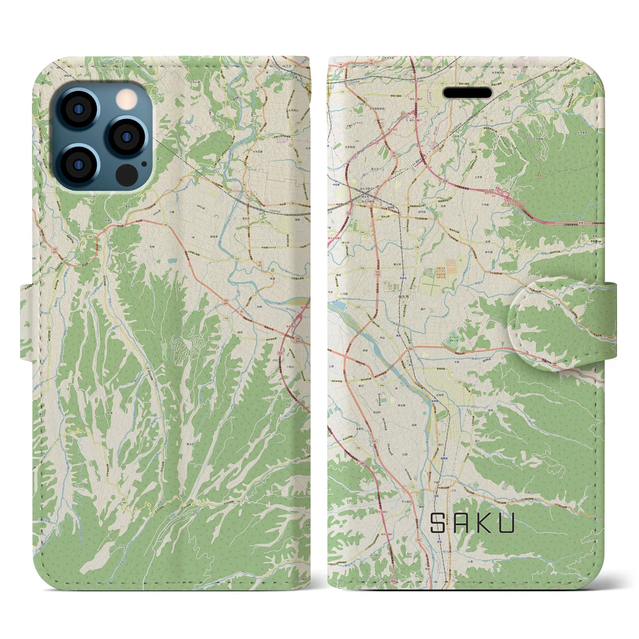 【佐久(長野県)】地図柄iPhoneケース(手帳タイプ)ナチュラル・iPhone 12 / 12 Pro 用